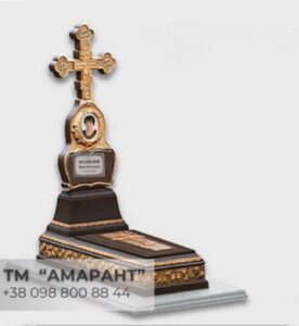 Памятник из бетона «Роза-8К – Коричневый» с крестом и фоторамкой — ритуальный надгробный памятник