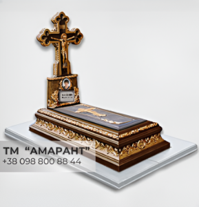 Бетонный памятник «Дион» с крестом и цветником – надгробие с портретной нишей коричневое