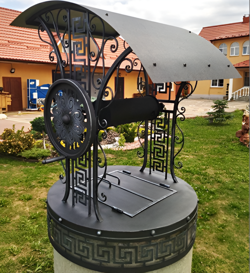 Колодец декоративный “Античный Рим” с орнаментом, серебряно-черный, кованый