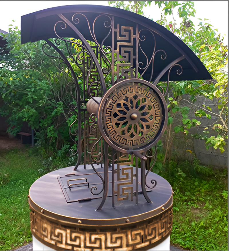 Колодец декоративный «Античный Рим» с орнаментом, металл (бронза/золото/коричневый), садовый